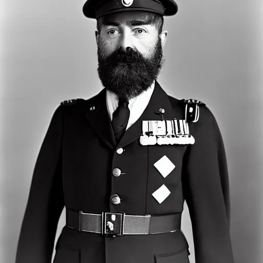 Prompt: his excellency the ambassador, a bearded man in his early 6 0 s with a pleasant look and dark, receding hair, his military uniform bearing two medals, black and white photography, kodak retina i, 3 5 mm, photo taken 1 9 0 8