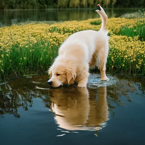 Image similar to a cream colored golden retriever puppy riding on a swan that is swimming in a pond, flowers everywhere, golden hour, beautiful landscape,