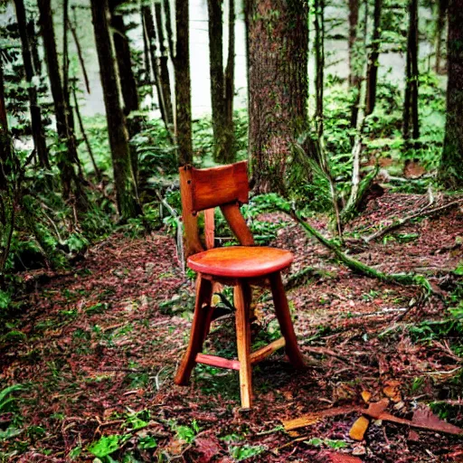 Image similar to a chair on top of the stairs in the forest