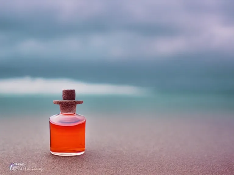 Image similar to cinestill 5 0 d photography of perfume bottle emerging from seafoam with marmelade sky / 4 style of nicholas fols, 2 0 0 mm, mute dramatic colours, soft blur outdoor stormy sea background, volumetric lighting, hyperdetailed, hyperrealistic