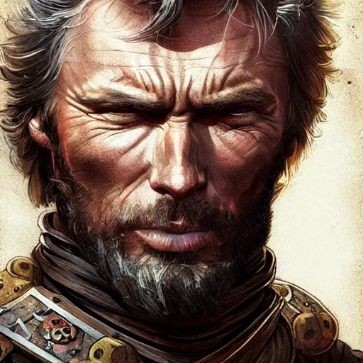 Image similar to rugged male medieval knight, clint eastwood, D&D, painted fantasy character portrait, highly detailed, digital painting, artstation, concept art, sharp focus, illustration, art by artgerm and greg rutkowski and alphonse mucha