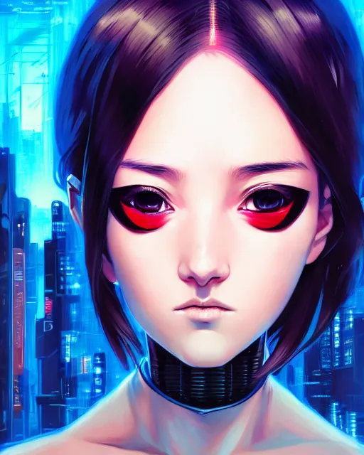 Image similar to a comic potrait of a cyberpunk cyborg girl with big and cute eyes, fine - face, realistic shaded perfect face, fine details. night setting. very anime style. realistic shaded lighting poster by ilya kuvshinov katsuhiro, magali villeneuve, artgerm, jeremy lipkin and michael garmash, rob rey and kentaro miura style, trending on art station