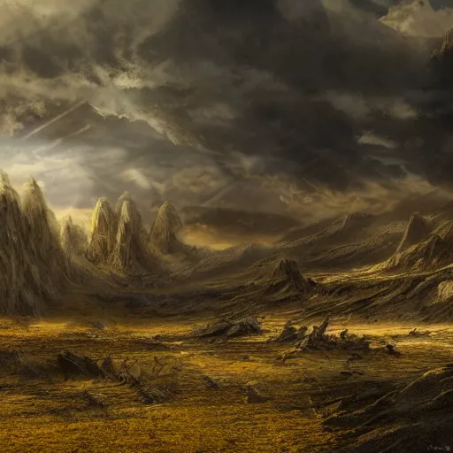 Image similar to Sickly yellow light breaking through the clouds shining down upon a desolate battlefield, fantasy, matte painting, 8k resolution, high detail, masterpiece, dark atmosphere