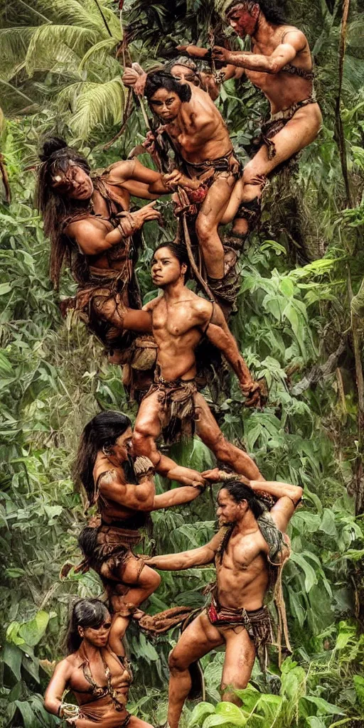 Image similar to editorial photo of battle in jungle, aztec and Amazonian climbing onto another and fight, epic, vintage, blood, slight inspiration of Boris vallejo and apocalypto, war photography