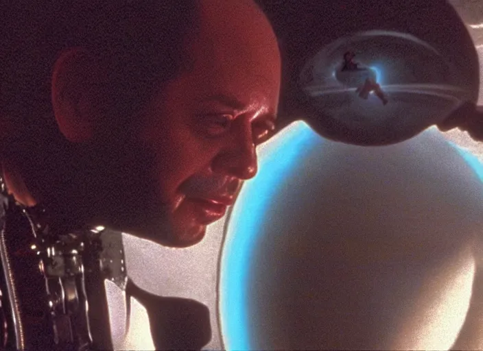 Image similar to film still of young old Cheech Marin flying through wormhole as Dr. Dave Bowman in 2001 A Space Odyssey