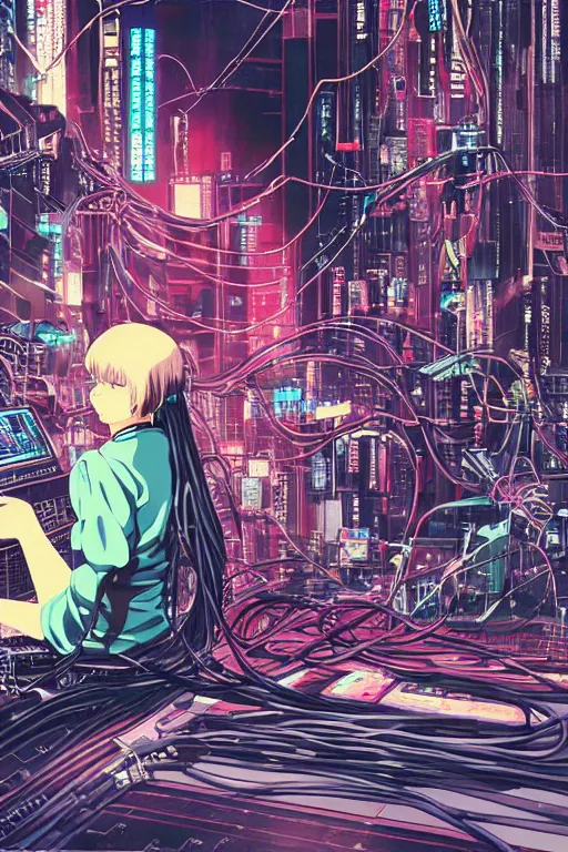 Prompt: cyberpunk anime style illustration of an android girl seated on the floor, seen from behind with her back open showing a complex mess of cables and wires, by mamoru oshii and katsuhiro otomo, studio ghibli color scheme