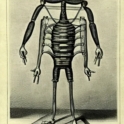 Prompt: illustration. partially mechanical man. 1 7 4 2