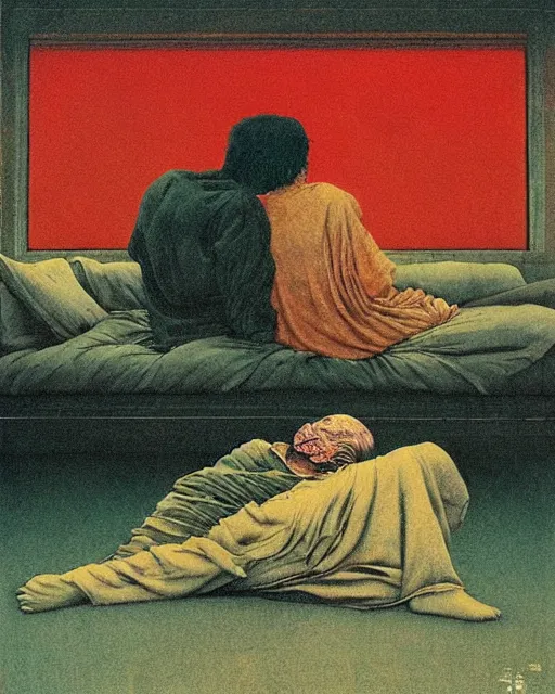 Prompt: early color photo of an old dead couple sitting on a couch in an old soviet apartment and looking at the scared enlightened boy flying up in sky, Beksinski impasto painting, part by Adrian Ghenie and Gerhard Richter. art by Takato Yamamoto, masterpiece