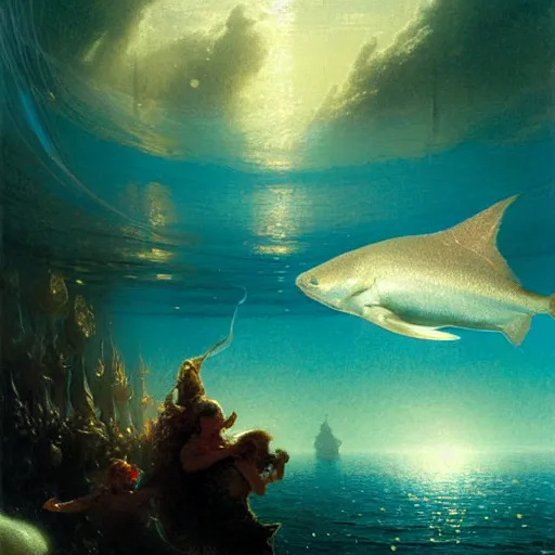 Prompt: point of view of deep in the ocean looking up, you see fishes, higher up you see very clearly the milk way illuminating the sea down bellow. highly detailed painting by gaston bussiere, greg rutkowski 8 k