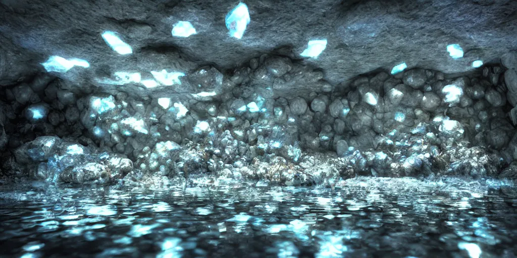 Prompt: cavern underground, crystal, vivid, water, puddles, rocky, minerals, volumetric lighting