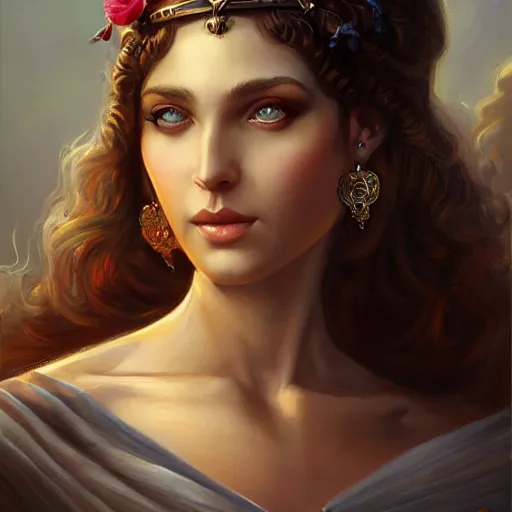 Prompt: A detailed painting of a full length portrait of a Greek goddess, By Anne Stokes and Steve Argyle and Daniela Uhlig and Tom Bagshaw. Trending on Artstation, digital character painting.