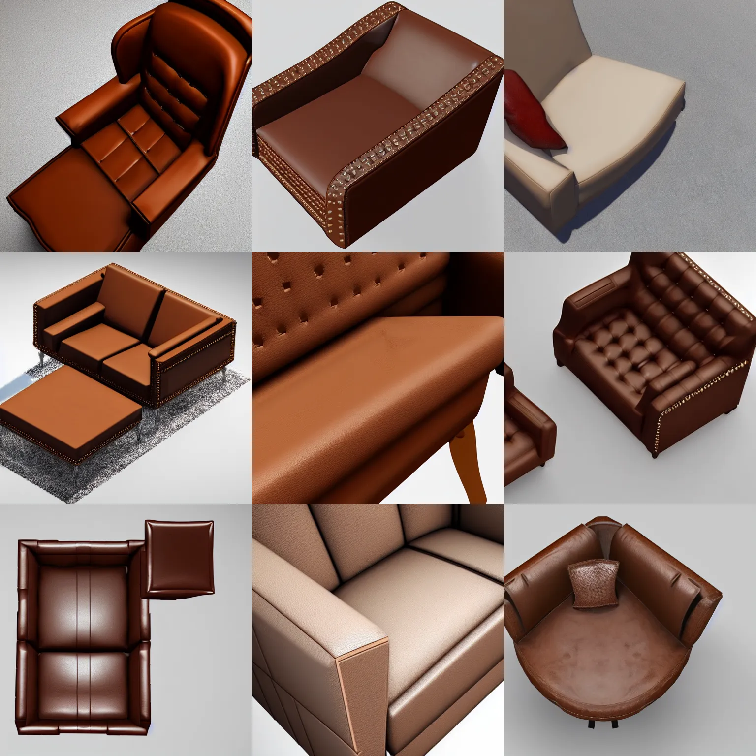 Prompt: a top down view of a brown leather studded armchair on a white background, unreal engine 3 d rendering