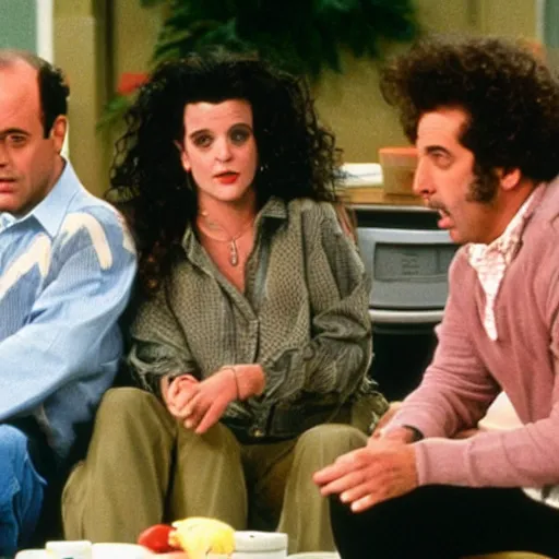 Prompt: Jerry Seinfeld, George Costanza, Elaine Beness and Cosmos Kramer smoking a joint and having a good time, TV still from the 90's