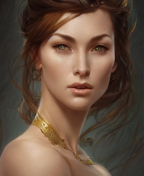 Image similar to portrait close up of woman, concentrated look, symmetry, d & d, fantasy, intricate, elegant, highly detailed, digital painting, artstation, concept art, art by artgerm and greg rutkowski and alphonse mucha, boris vallejo