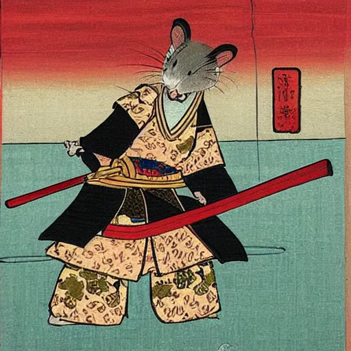 Image similar to a painting of a samurai rat in the style of ukiyo - e