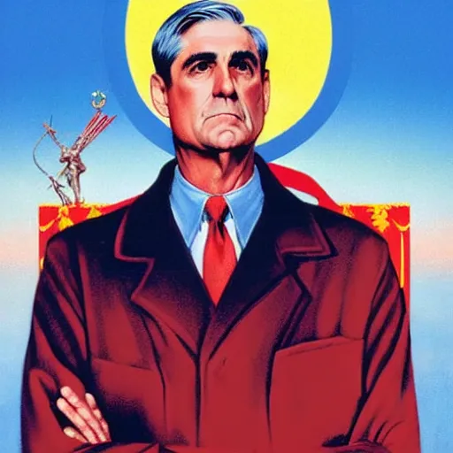 Image similar to propaganda poster of robert mueller standing in front of soviet flag by j. c. leyendecker, bosch, lisa frank, jon mcnaughton, and beksinski