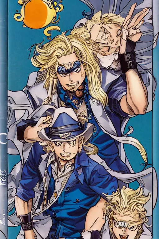 Prompt: jojo's bizzare adventure manga volume cover, boy with blue eyes and long blonde hair, symmetrical face happy, mustache, stubble, steel ball run, handsome face, jojo's bizzare adventure, manga cover, hirohiko araki, illustration