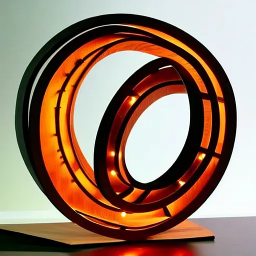 Prompt: circle shaped sculpture, curves, wood, colored lights, portal