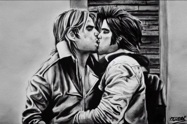 Image similar to Cinematography of kurt cobain kissing Elvis by Emmanuek Lubensky