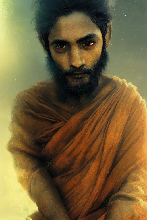 Image similar to hindu monk, close - up portrait, devoted, intricate, elegant, volumetric lighting, scenery, digital painting, highly detailed, artstation, sharp focus, illustration, concept art, ruan jia, steve mccurry