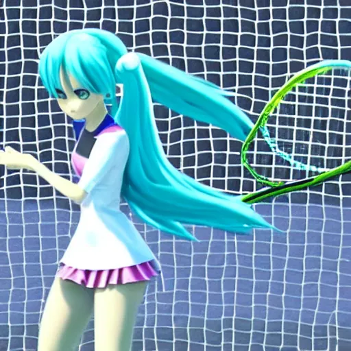 Image similar to photo of hatsune miku in real world playing tennis