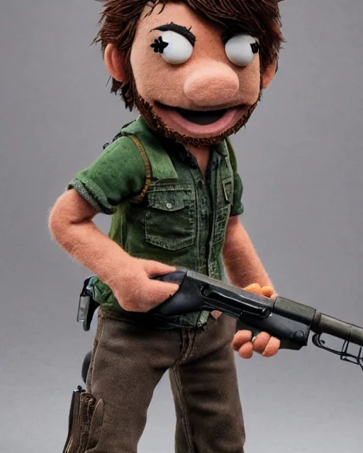 Image similar to joel from the last of us as a muppet. highly detailed felt. hyper real photo. 4 k.