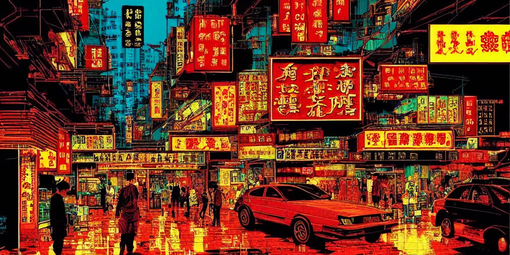 Image similar to artwork of a hong kong street, wong kar - wai, by dan mumford and toshi yoshida and peter doig, vintage scifi, highly detailed, dramatic lighting, 8 k