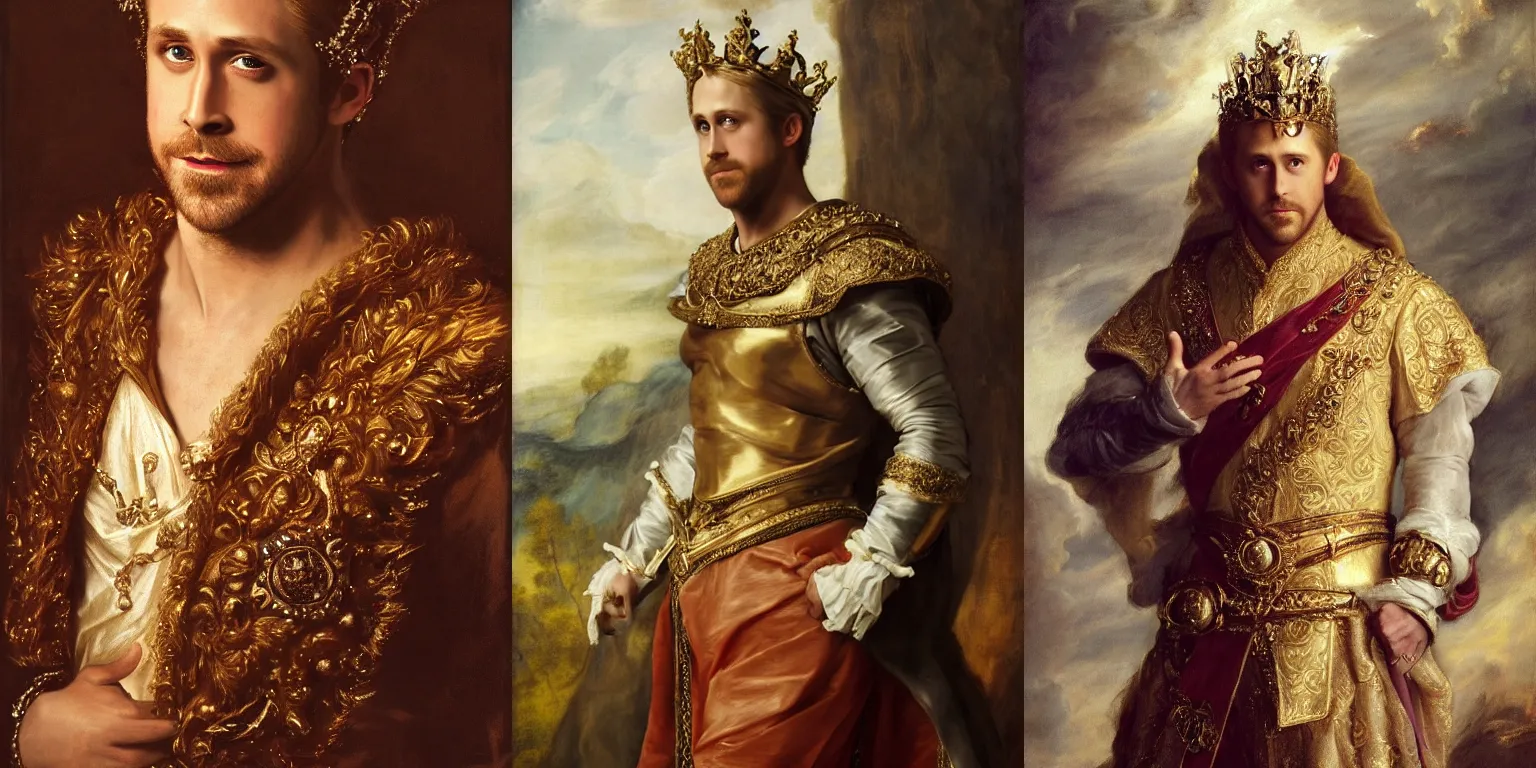 Prompt: Gorgeous full-body renaissance portrait of Ryan Gosling as a king of fantasy kingdom with crown on his head, front view, gold, artstation, beautiful, impressive, soft light, by Anthony van Dyck and Daniel Gerhartz