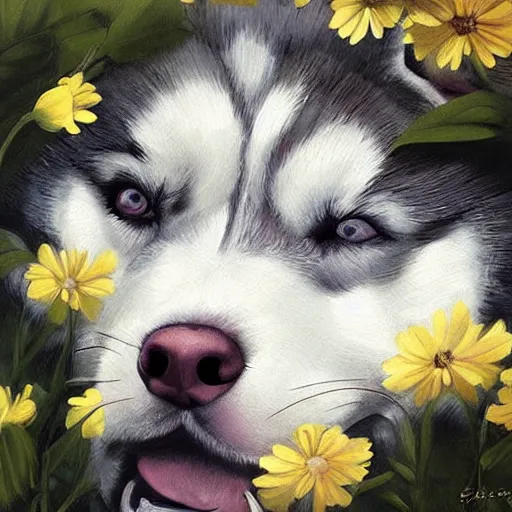 Prompt: beautiful painting of a cute husky sleeping in flowers. sci fi concept art by * caravaggio *