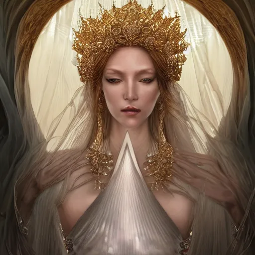 Prompt: a beautiful woman wearing a white dress made of silk, and a crown made of golden ornaments and diamonds jewelry by alex gray and android jones, karol bak, ayami kojima, amano, concept art, character design, fantasy, 3 d, 8 k resolution