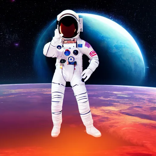 Image similar to A wide angle shot from below of a female astronaut with a feminine body walking with swagger towards camera on mars in an infinite universe , synthwave digital art