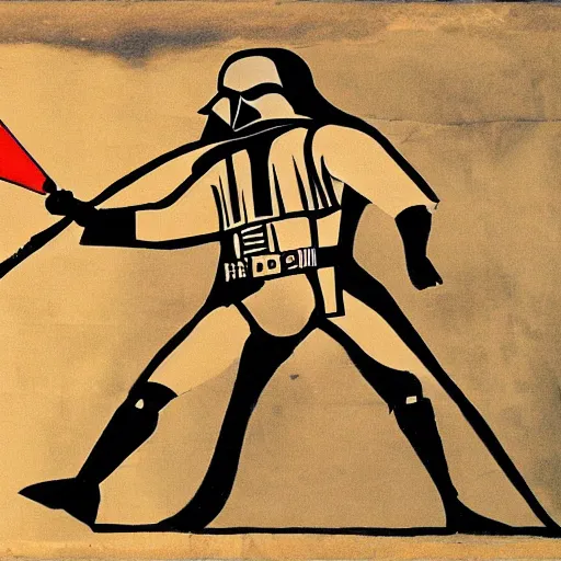 Image similar to Cave painting of Darth Vader fighting