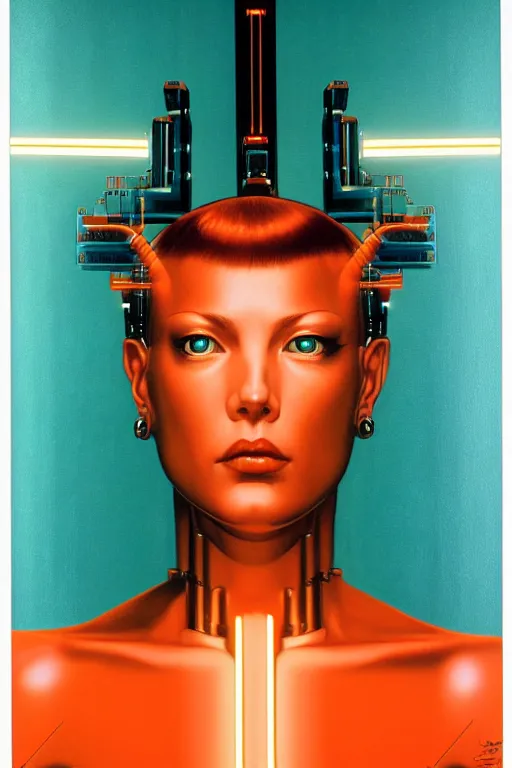 Image similar to cyborg art by Hajime Sorayama and Artemisia Gentileschi, centered, symmetrical, led, teal and orange, bilateral symmetry, third person, 70s poster, blade runner, kubrik, 2D matte illustration