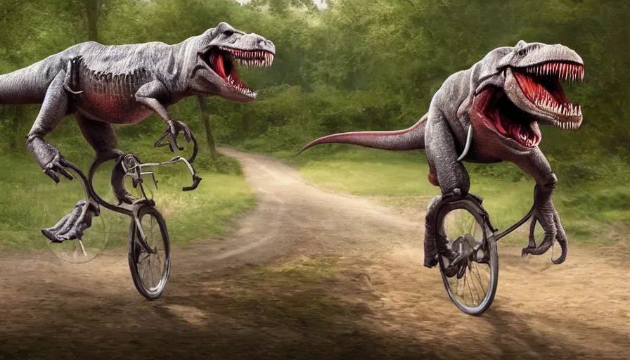 Image similar to a t - rex riding a bicycle, hyper realistic, anatomically accurate, high detail, photography