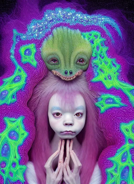 Prompt: hyper detailed 3d render like a Oil painting - kawaii portrait Aurora (a skeksi from dark crystal that looks slightly like an evil Anya Taylor-Joy) seen Eating of the Strangling network of yellowcake aerochrome and milky Fruit and His delicate Hands hold of gossamer polyp blossoms bring iridescent fungal flowers whose spores black the foolish stars by Jacek Yerka, Ilya Kuvshinov, Mariusz Lewandowski, Houdini algorithmic generative render, Abstract brush strokes, Masterpiece, Edward Hopper and James Gilleard, Zdzislaw Beksinski, Mark Ryden, Wolfgang Lettl, hints of Yayoi Kasuma, octane render, 8k