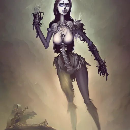 Image similar to a beautiful feminine necromancer raising the dead, illustration, skeleton, character design by nixeu, artstation, 2 d cg