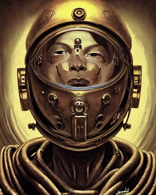 Image similar to zenyatta from overwatch, heavey metal magazine cover, character portrait, portrait, close up, concept art, intricate details, highly detailed, in the style of frank frazetta, r. giger, esteban maroto, richard corben, pepe moreno, matt howarth, stefano tamburini, tanino liberatore, luis royo and alex ebel