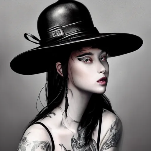 Prompt: A masterpiece portrait of a Incredibly beautiful queer girl with piercing and tatoo in black leather nun hat. Incredible light. light night, artstation Masterpiece. Angel. Angel wings. medium shot, intricate, elegant, highly detailed. trending on artstation, digital art, by Stanley Artgerm Lau, WLOP, Rossdraws, James Jean, Andrei Riabovitchev, Marc Simonetti, Yoshitaka Amano. background by James Jean and Gustav Klimt, light by Julie Bell, 4k, porcelain skin. Octane render. epic dark fantasy. Highly detailed digital painting. By greg rutkowski