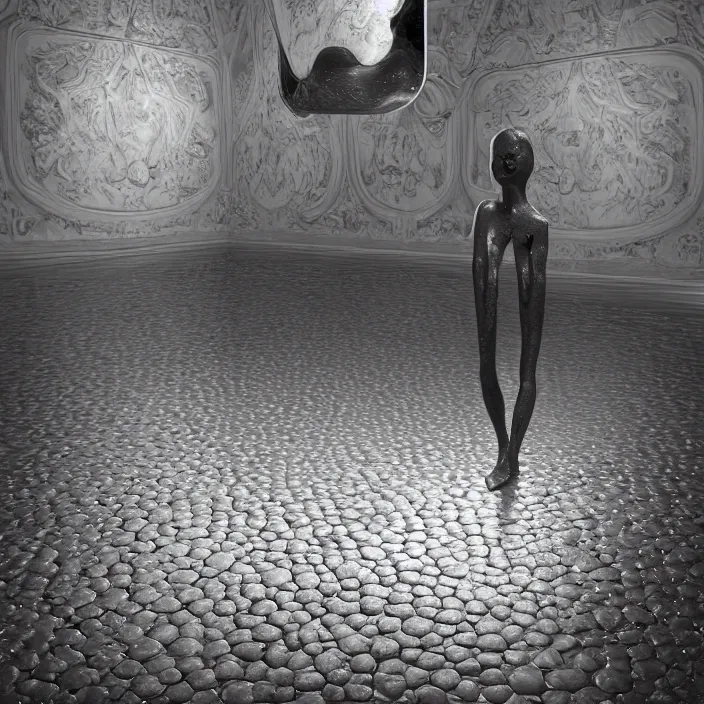 Image similar to hyperrealistic random objects in a surreal minimalistic dreamscape environment by salvador dali, enormous melting mannequin head statue, highly detailed, 3 d render, vray, octane, beautiful lighting, photorealistic, intricate, elegant, wayne barlowe, water, mirrors, doorway, beautiful, masterpiece, trending on artstation, artgerm, checkered floor