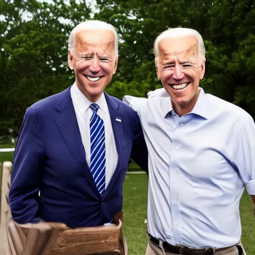 Image similar to A portrait photo of joe biden teams up with a teenage joe biden, perfect faces, 50 mm, award winning photography