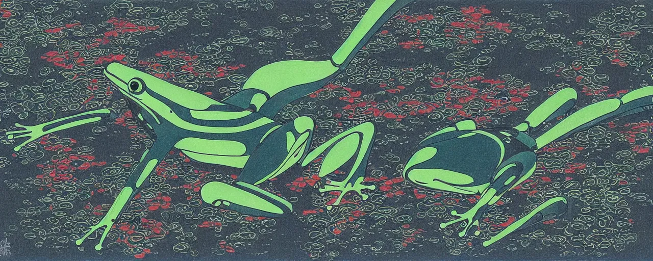 Image similar to frog robot at night in the center of a futuristic sci-fi asian city, blade runned color palette, by Yasunari Ikenaga, Yamato, Macross