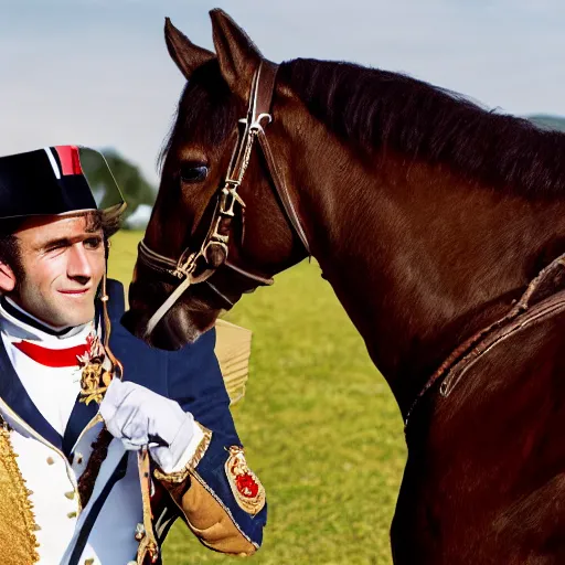 Prompt: closeup portrait of emmanuel macron dressed as napoleon riding a tiny miniature horse, natural light, sharp, detailed face, magazine, press, photo, steve mccurry, david lazar, canon, nikon, focus