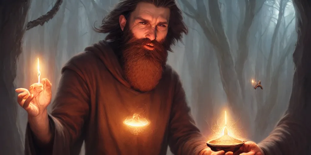 Image similar to a handsome bearded white male wizard with brown hair he is casting a spell emanating from his hands, open hands, sharp focus, waist up, 4 k, by greg rutkowski, rudy siswanto and anna podedworna