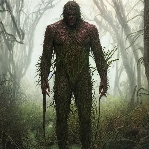 Prompt: swamp thing, ultra realistic, concept art, intricate details, eerie, highly detailed, photorealistic, octane render, 8 k, unreal engine. art by artgerm and greg rutkowski and alphonse mucha