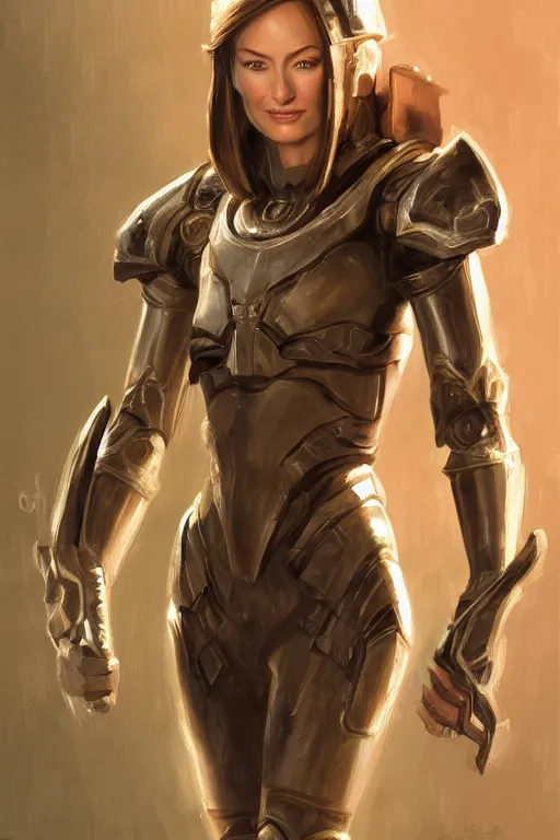 Image similar to a professional painting of a young Olivia Wilde, clothes in military armor, olive skin, long dark hair, beautiful bone structure, symmetrical facial features, intricate, elegant, digital painting, concept art, smooth, sharp focus, illustration, from StarCraft by Ruan Jia and Mandy Jurgens and Artgerm and William-Adolphe Bouguerea