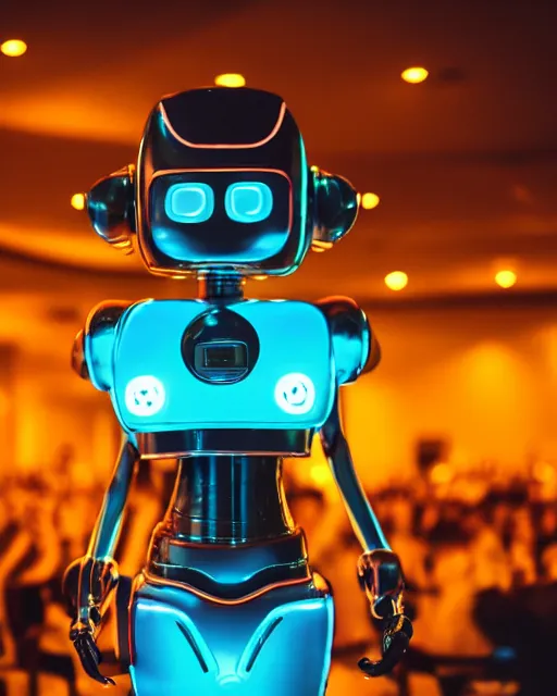 Image similar to high quality presentation night photo of an illuminated cute retro robot girl, photography 4k, f1.8 anamorphic, bokeh, 4k, Canon, Nikon