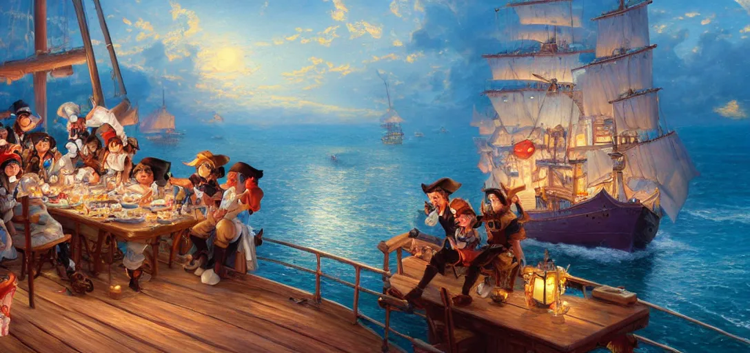 Prompt: a painting of pirates eating dinner on the deck of their ship by thomas kinkade in the style of studio ghibli,