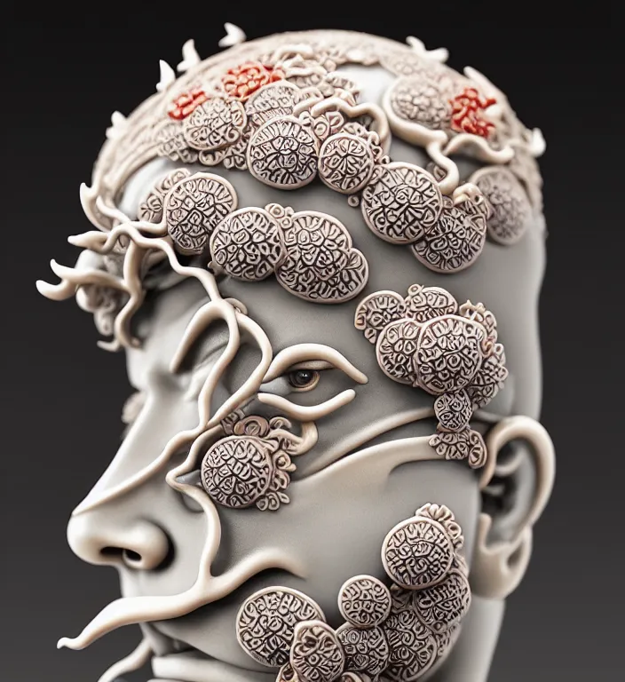 Prompt: Samurai, A Close up photo-real delicate ceramic porcelain sculpture of a symmetrical ornate detailed in front of an intricate background by Victo Ngai and takato yamamoto, micro detail, backlit lighting, face in focus, subsurface scattering, translucent, thin porcelain, octane renderer, colorful, physically based rendering, japanese pottery, trending on cgsociety