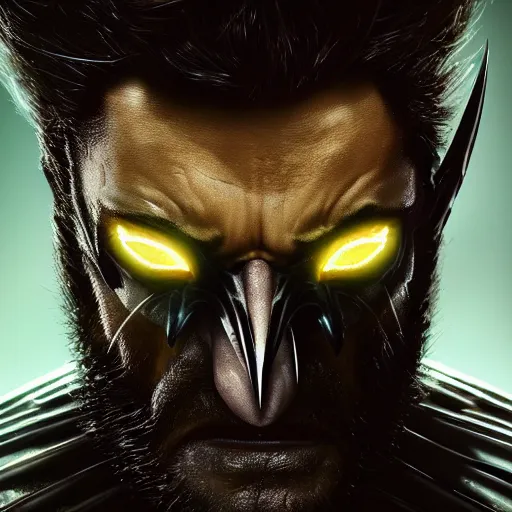 Prompt: Wolverine venom portrait, close up, futuristic sci-fi, alien fabric, venom costume, black slime, roots, chrome mask, beams of light, fog atmosphere, highly no detailed, atmospheric, dark aesthetics, artstation, octane rendering, ultra realistic, 8k