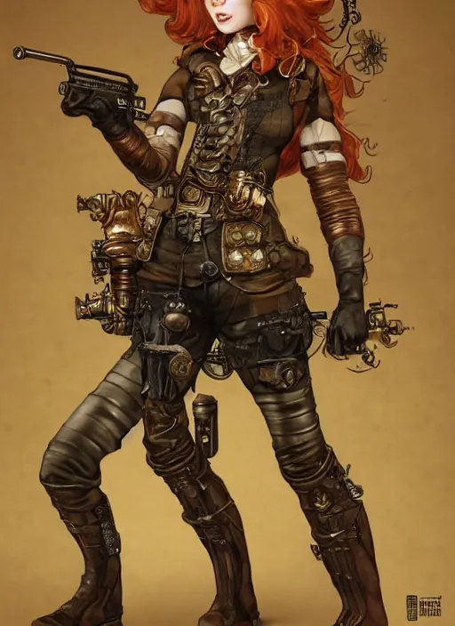 Image similar to 8K, realistic ginger Lady Mechanika as a Marvel comic book character holding a shotgun and wearing victorian goggles in a ultradetailed Steampunk scenary, 8k render, zbrush, D&D style, smooth, sharp focus, illustration. Art by Artgerm and Pete Tapang and Kago Shintaro. Trending on artstation, featured in Deviantart, detailed, intricate, cinematic lighting,